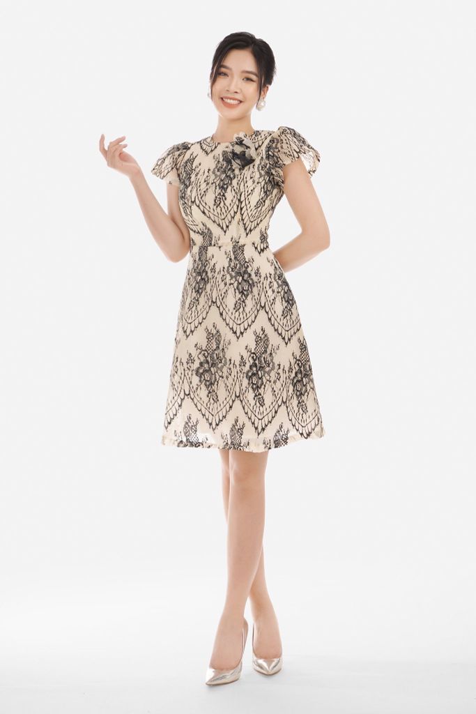 Đầm công sở ren lưới dáng chữ A ngắn tay FDC33116 - PANTIO