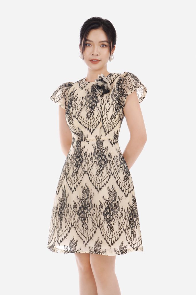 Đầm công sở ren lưới dáng chữ A ngắn tay FDC33116 - PANTIO