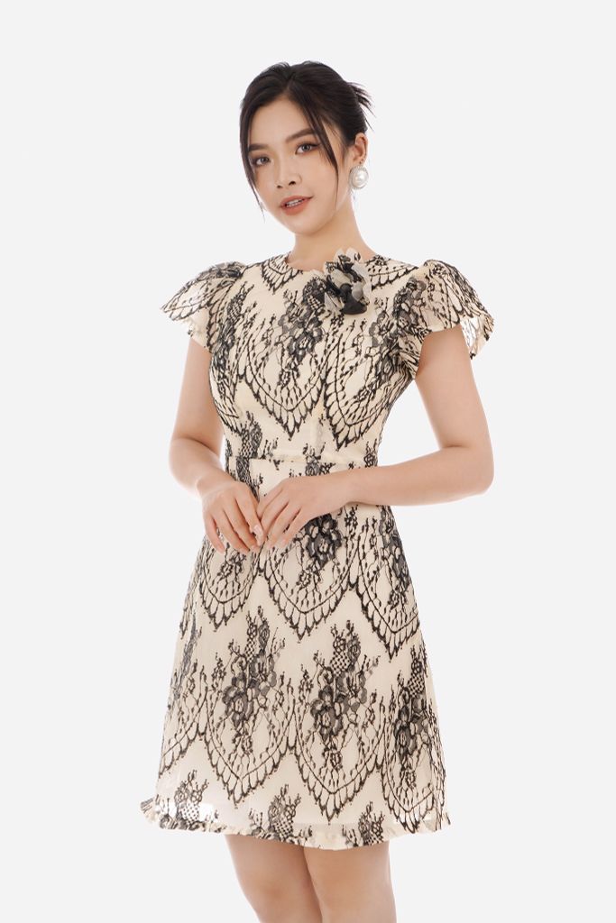 Đầm công sở ren lưới dáng chữ A ngắn tay FDC33116 - PANTIO