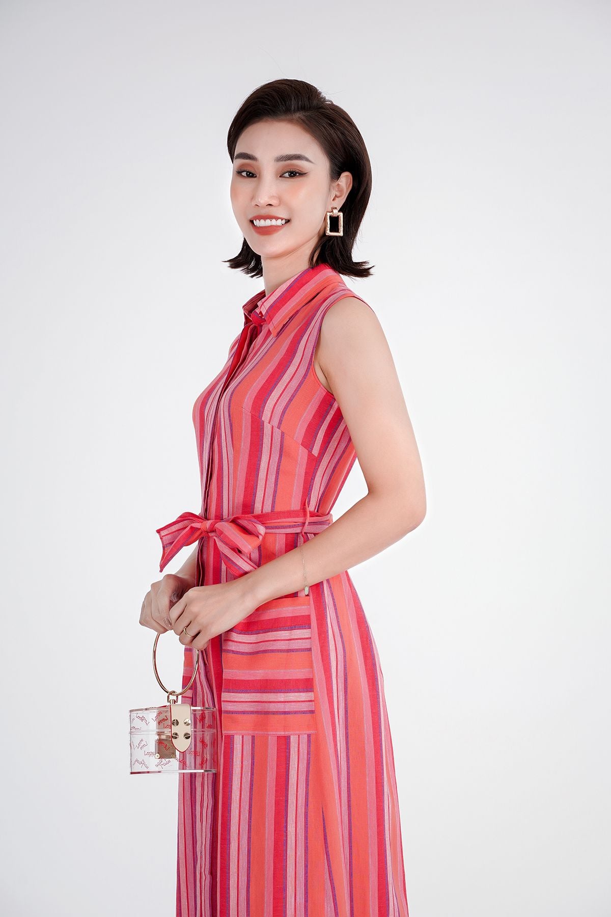 FDC33208 - Đầm công sở họa tiết chất liệu linen cổ đức đai eo - PANTIO