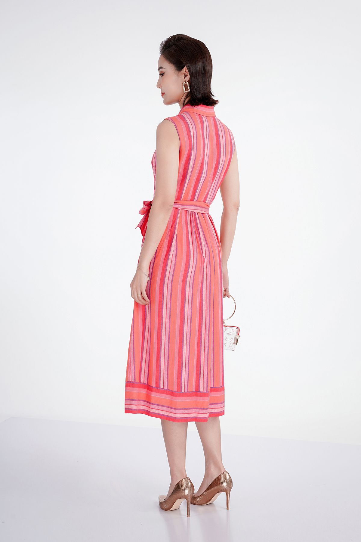 FDC33208 - Đầm công sở họa tiết chất liệu linen cổ đức đai eo - PANTIO