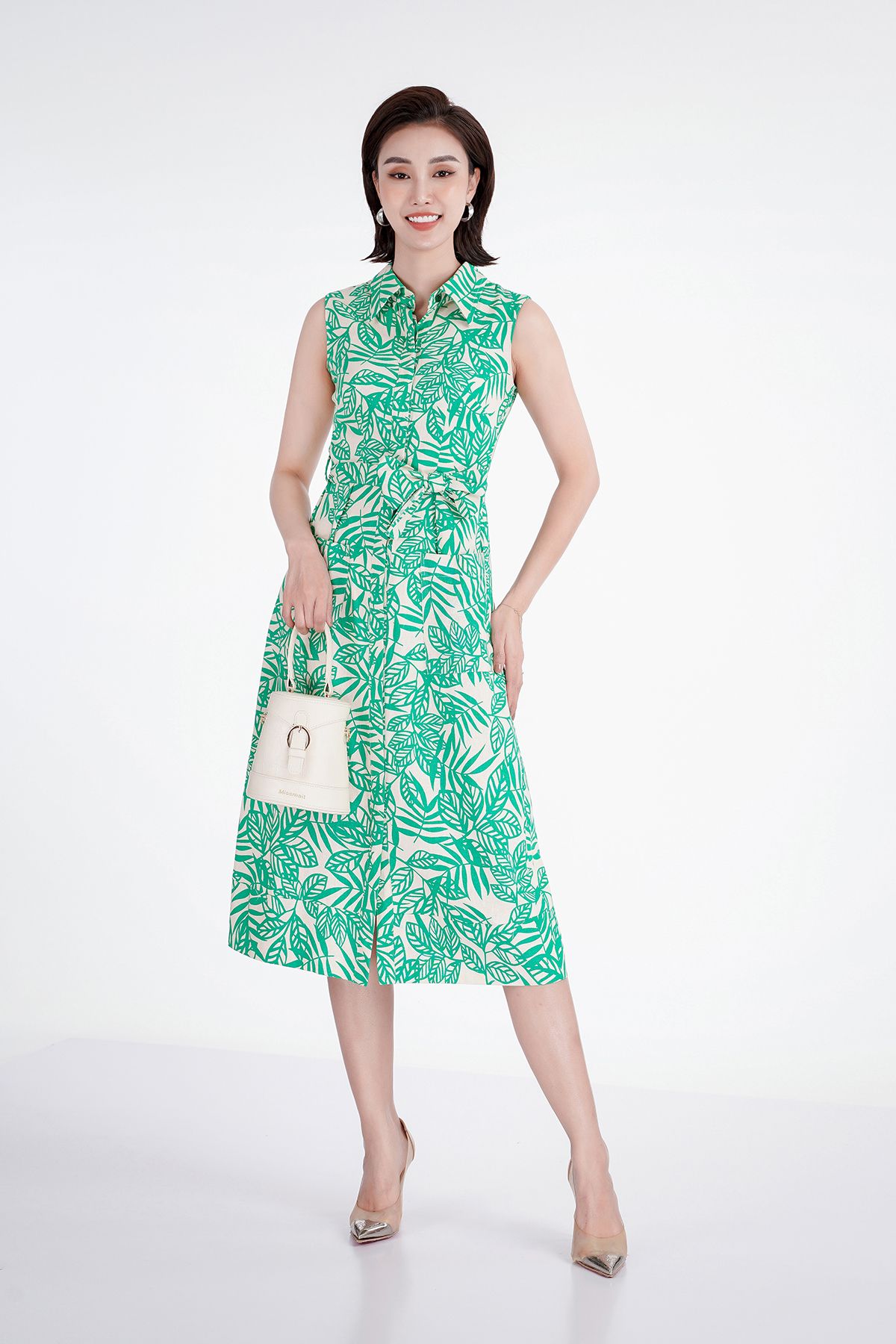 FDC33208 - Đầm công sở họa tiết chất liệu linen cổ đức đai eo - PANTIO