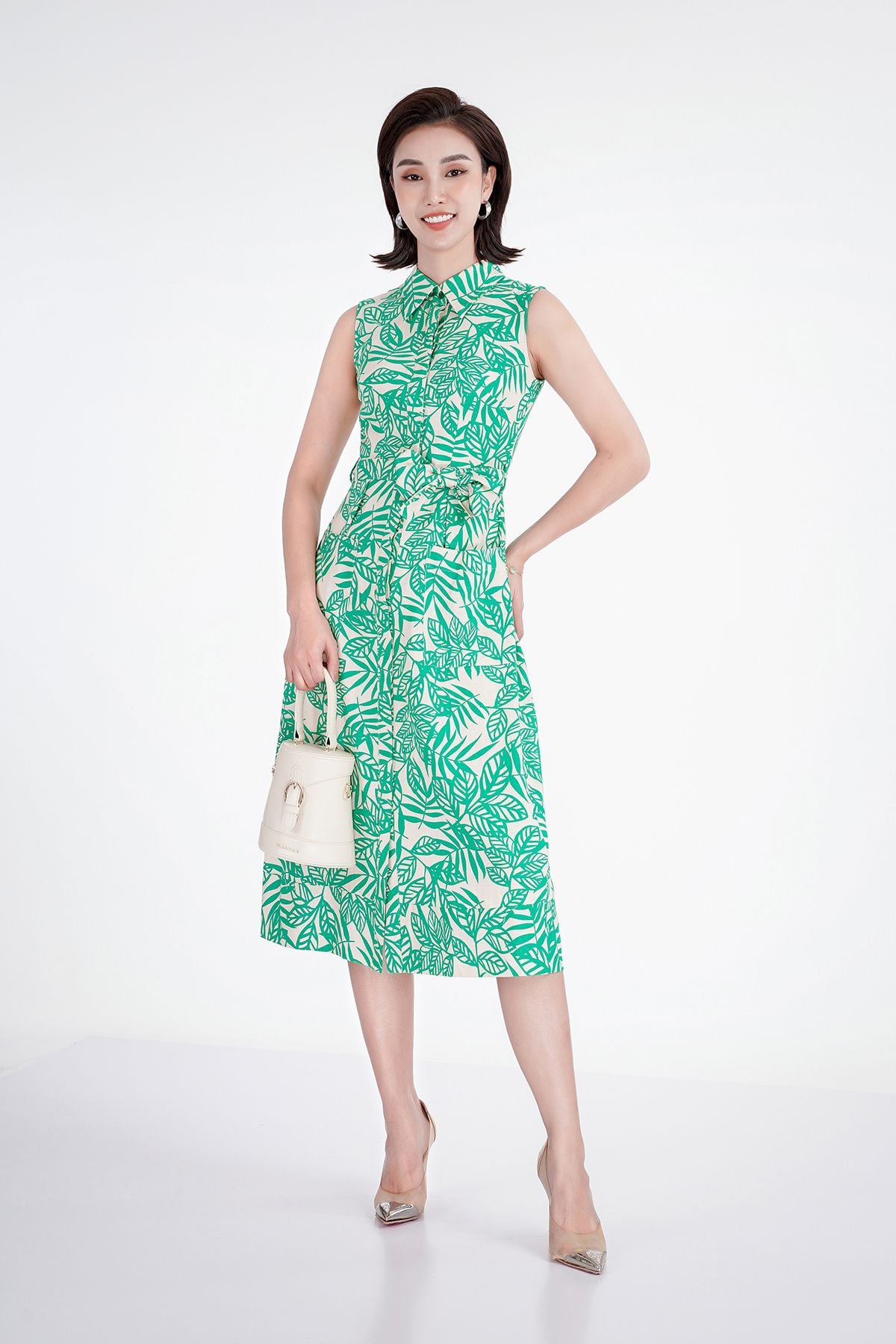 FDC33208 - Đầm công sở họa tiết chất liệu linen cổ đức đai eo - PANTIO