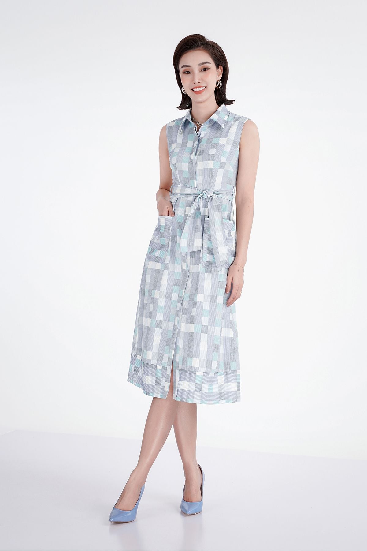 FDC33208 - Đầm công sở họa tiết chất liệu linen cổ đức đai eo - PANTIO