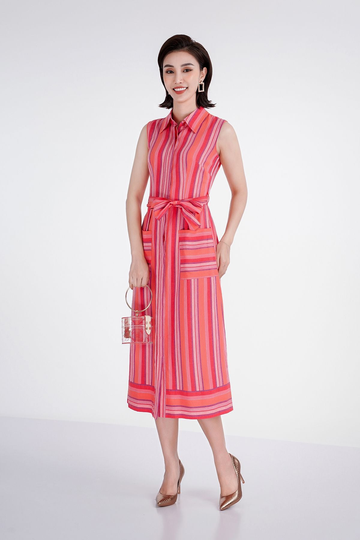 FDC33208 - Đầm công sở họa tiết chất liệu linen cổ đức đai eo - PANTIO