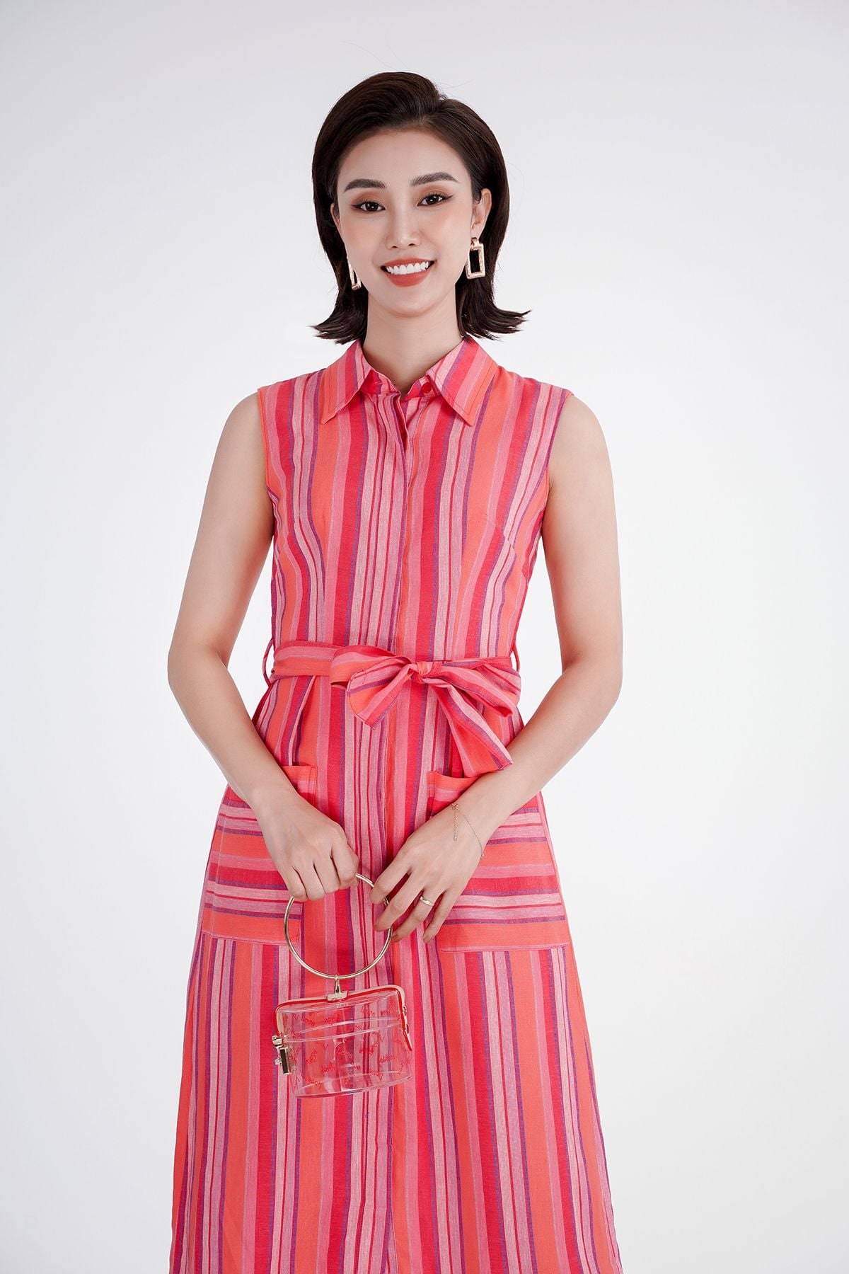 FDC33208 - Đầm công sở họa tiết chất liệu linen cổ đức đai eo - PANTIO