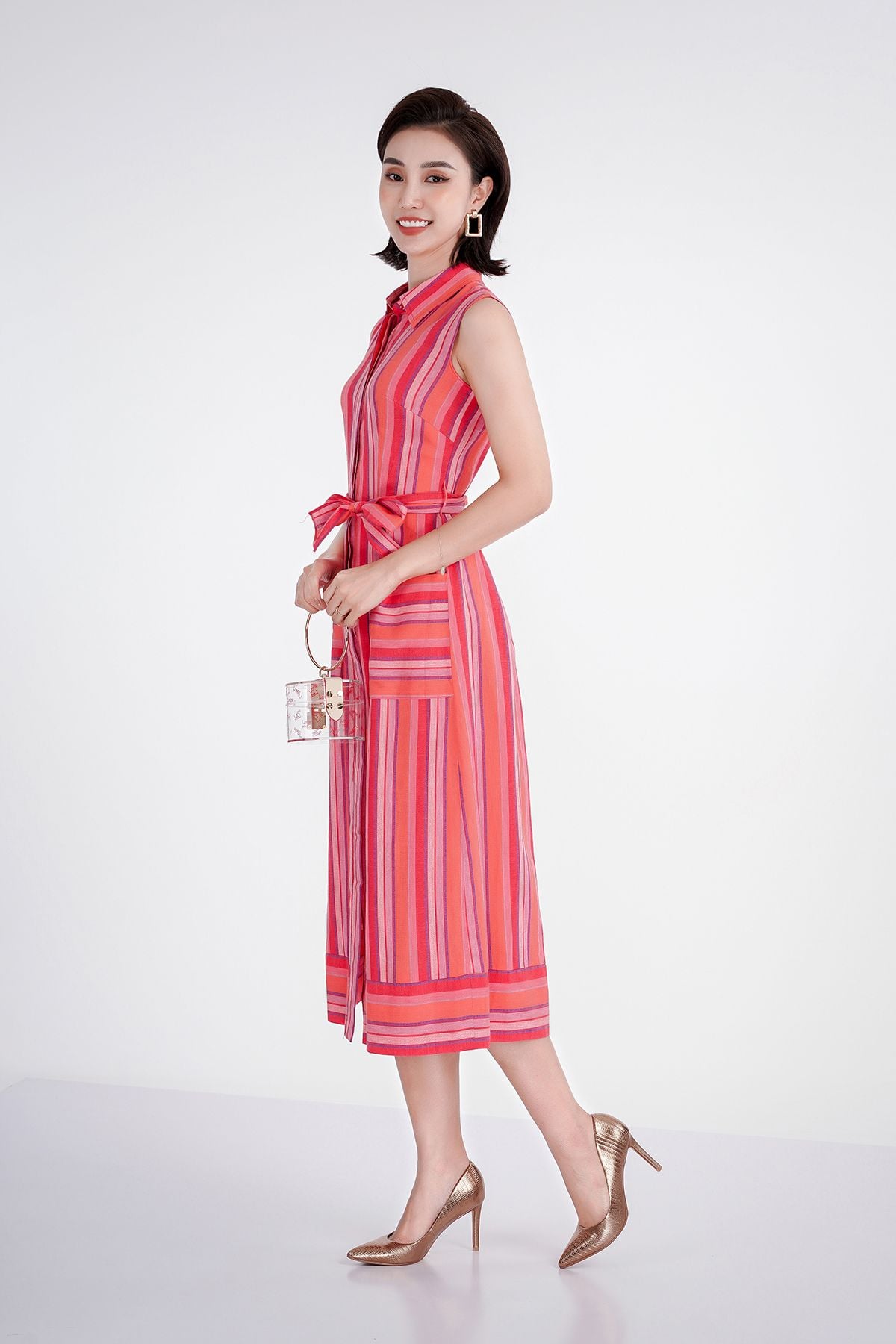 FDC33208 - Đầm công sở họa tiết chất liệu linen cổ đức đai eo - PANTIO