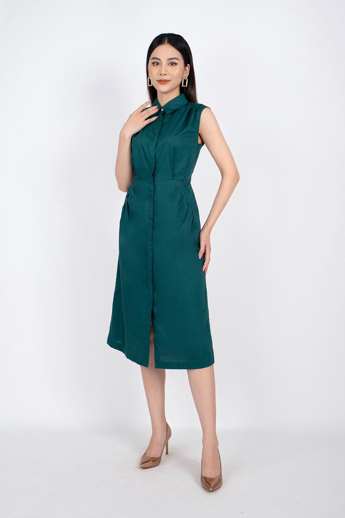 FDC33361 - Đầm công sở vải thô dáng A cổ đức cầu vai và túi xếp mí trang trí - PANTIO