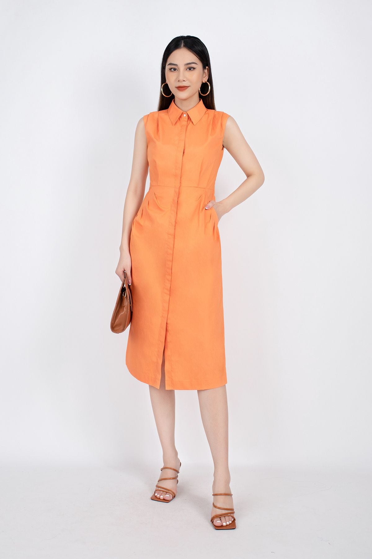 FDC33361 - Đầm công sở vải thô dáng A cổ đức cầu vai và túi xếp mí trang trí - PANTIO