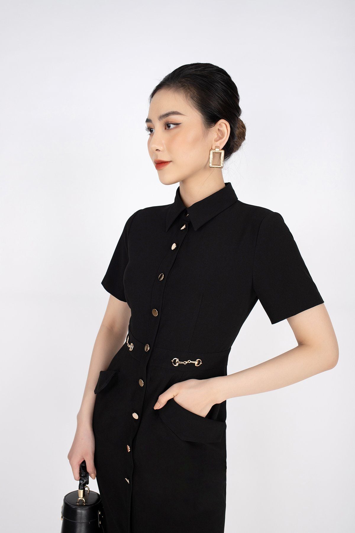 FDC33369 - Đầm công sở vải thô dáng ôm túi ốp hai bên trang trí khuy kim loại - PANTIO