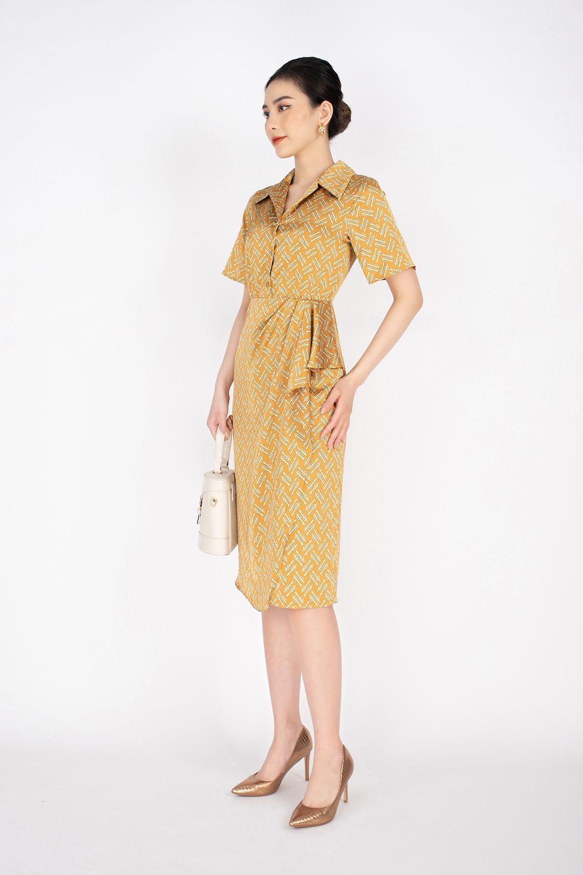 FDC33397 - Đầm công sở vải lụa dáng ôm nhẹ vạt vắt chéo thân xếp nếp đổ bèo - PANTIO