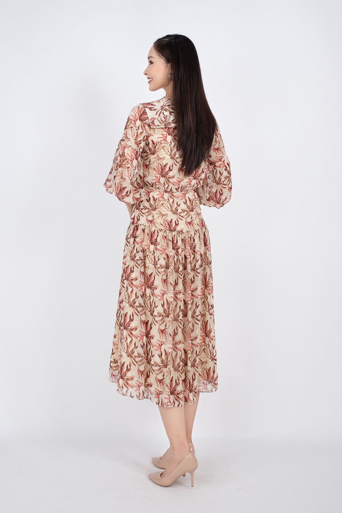 FDC33407 - Đầm công sở vải lụa voan dáng xòe cổ bẻ bản to đan dây tay lỡ bồng hạ dún ngang hông - PANTIO