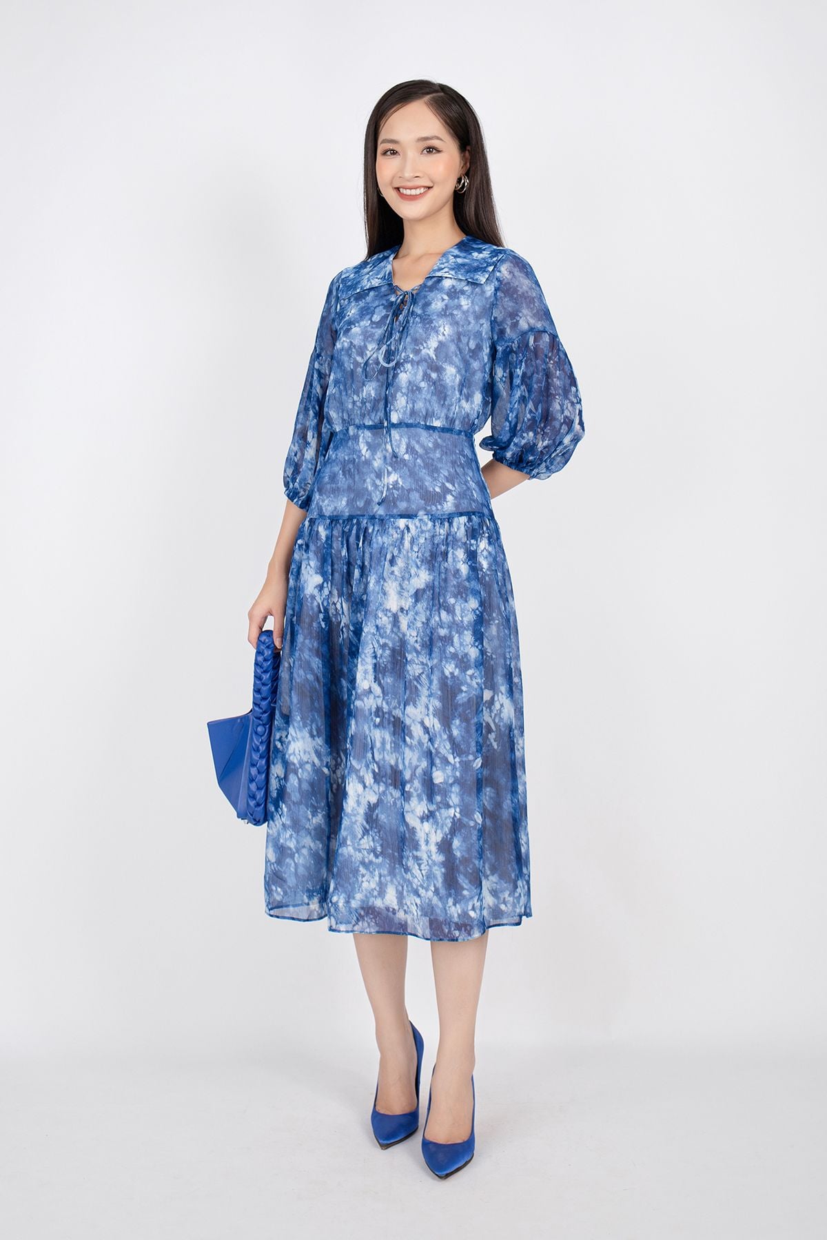 FDC33407 - Đầm công sở vải lụa voan dáng xòe cổ bẻ bản to đan dây tay lỡ bồng hạ dún ngang hông - PANTIO