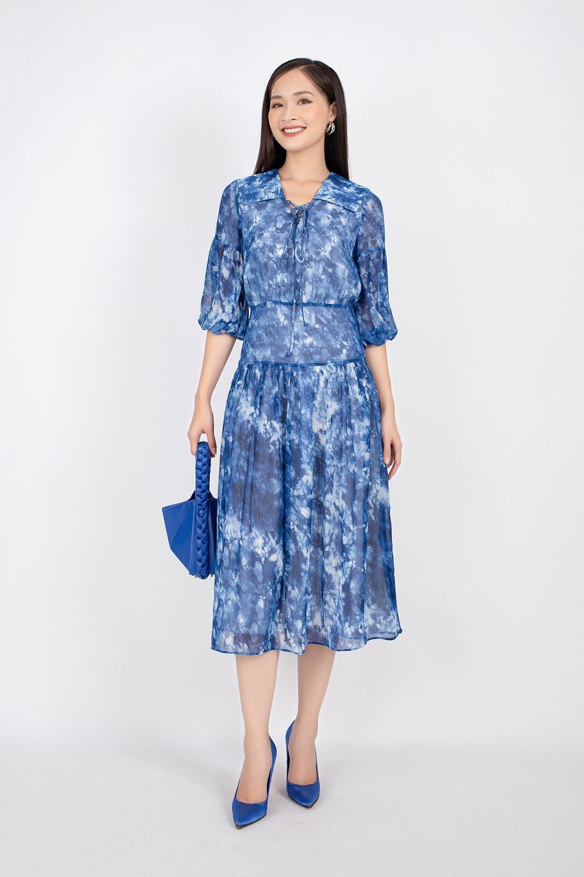 FDC33407 - Đầm công sở vải lụa voan dáng xòe cổ bẻ bản to đan dây tay lỡ bồng hạ dún ngang hông - PANTIO