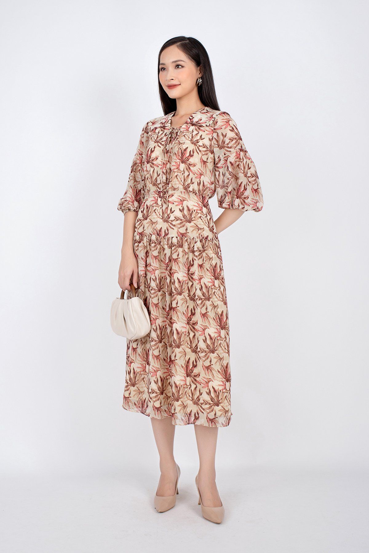 FDC33407 - Đầm công sở vải lụa voan dáng xòe cổ bẻ bản to đan dây tay lỡ bồng hạ dún ngang hông - PANTIO