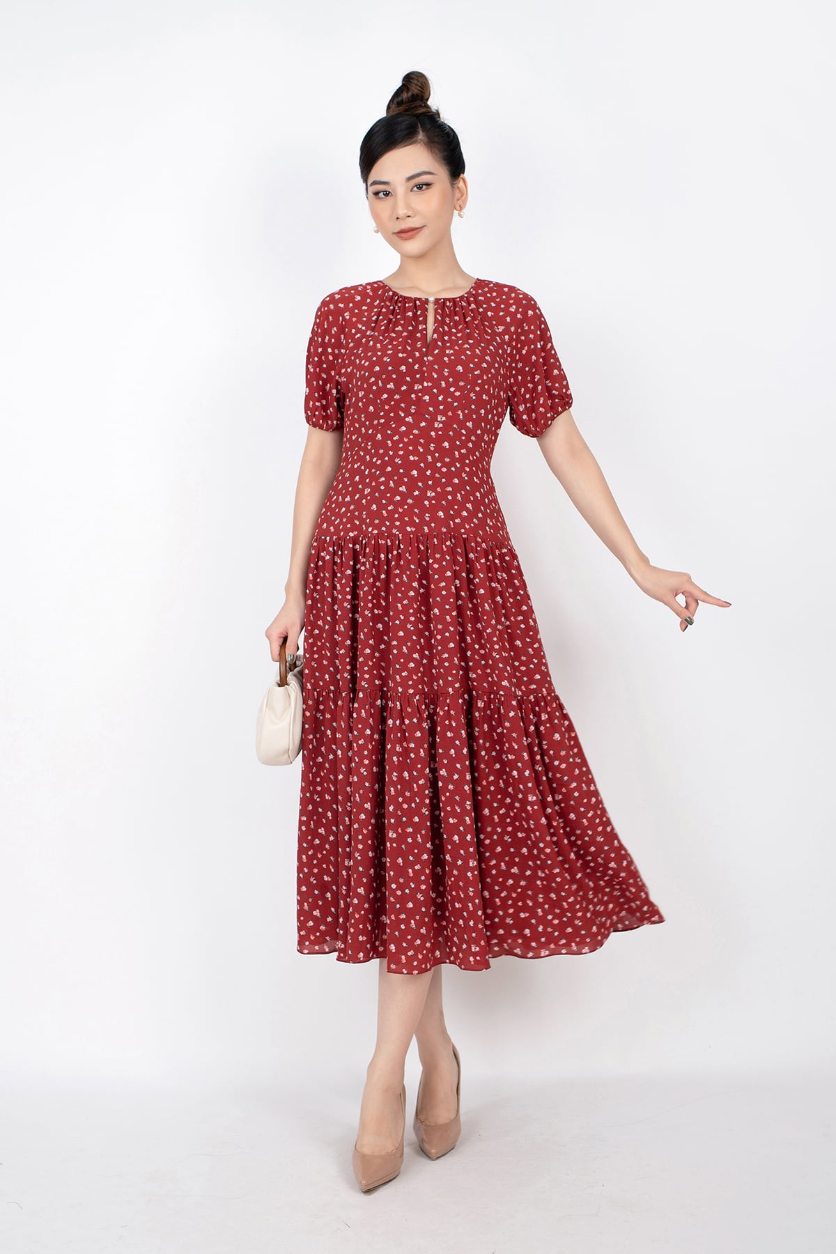 FDC33414 - tỷ lệ kèo 8899 vải chiffon dáng xòe cổ tròn xẻ cài khuy tay giác lăng chân váy xếp tầng - tỷ lệ kèo 8899