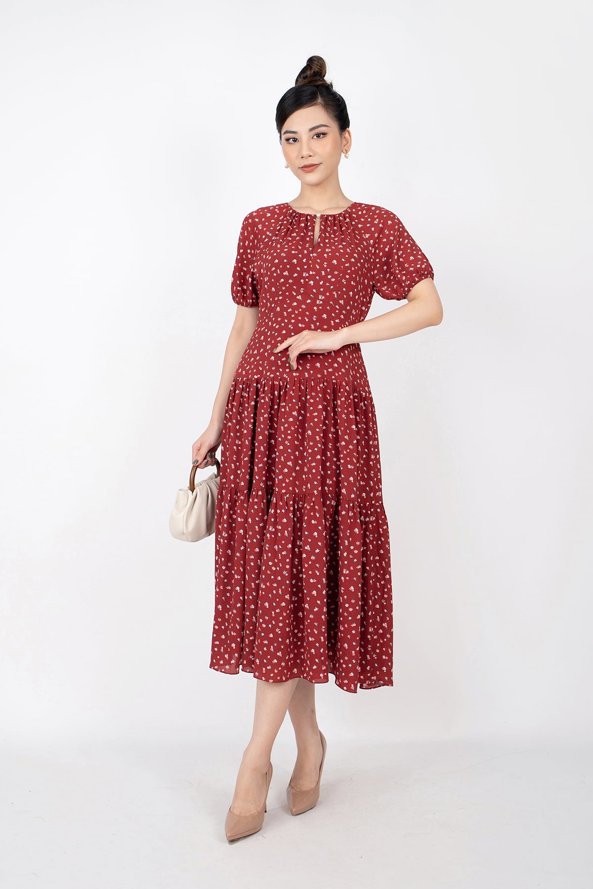 FDC33414 - tỷ lệ kèo 8899 vải chiffon dáng xòe cổ tròn xẻ cài khuy tay giác lăng chân váy xếp tầng - tỷ lệ kèo 8899