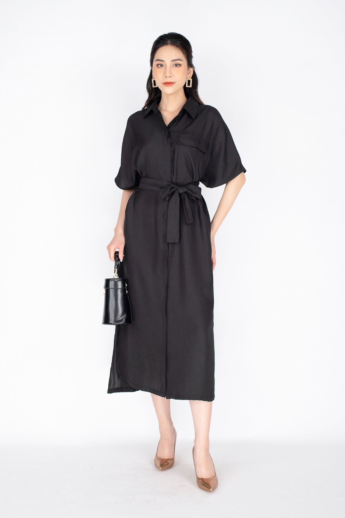 FDC33417 - Đầm công sở vải kaki dáng suông tay cánh rơi ốp túi hộp kèm đai - PANTIO