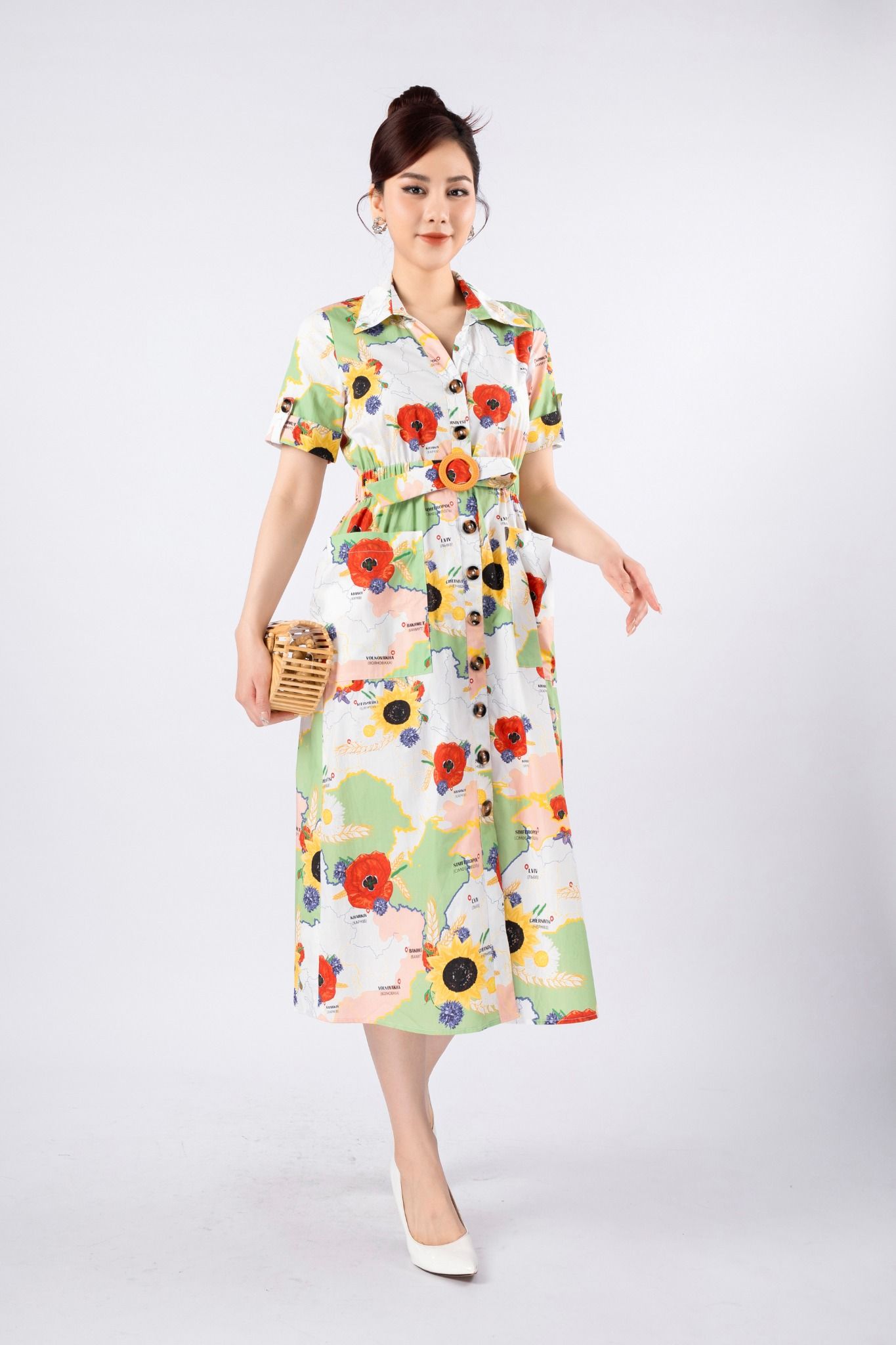 FDC33422 - Đầm công sở vải thô dáng A cổ đức cài cúc gỗ eo bo chun phối mặt thắt lưng tạo kiểu - PANTIO