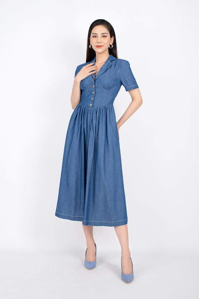 FDC33425 - Đầm công sở vải denim dáng xòe eo can đính khuy bấm thân sau xẻ V - PANTIO