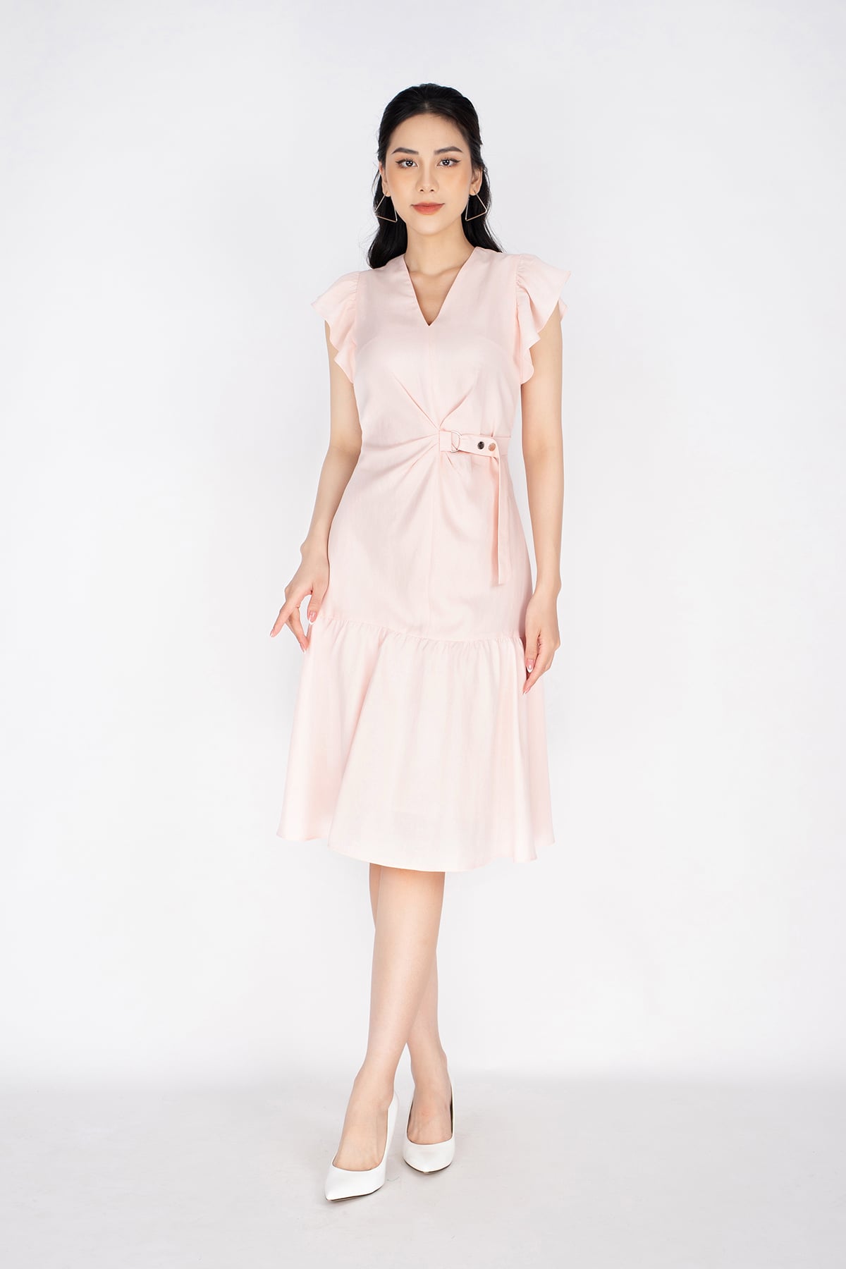 FDC33430 - tỷ lệ kèo 8899 vải linen dáng A chân xòe xếp nếp tay cánh tiên thân đính đai tạo kiểu - tỷ lệ kèo 8899