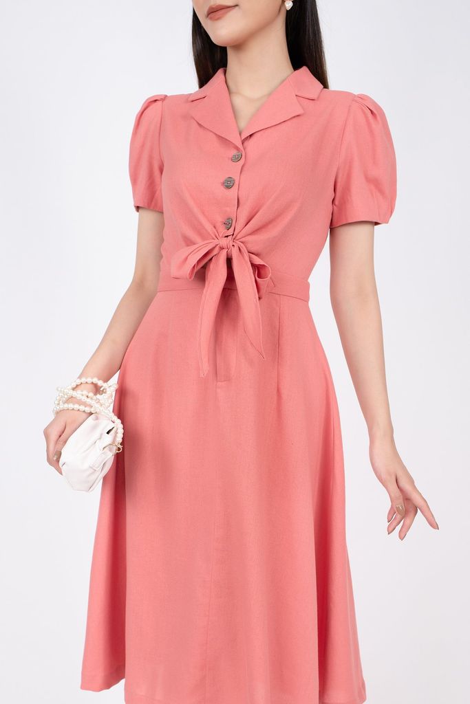 FDC33433 - Đầm công sở vải linen dáng xòe thân sơ mi buộc nơ cổ hai ve tay bồng - PANTIO