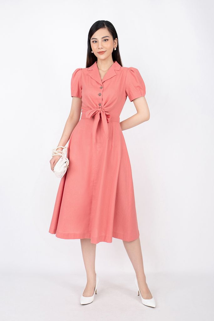 FDC33433 - Đầm công sở vải linen dáng xòe thân sơ mi buộc nơ cổ hai ve tay bồng - PANTIO