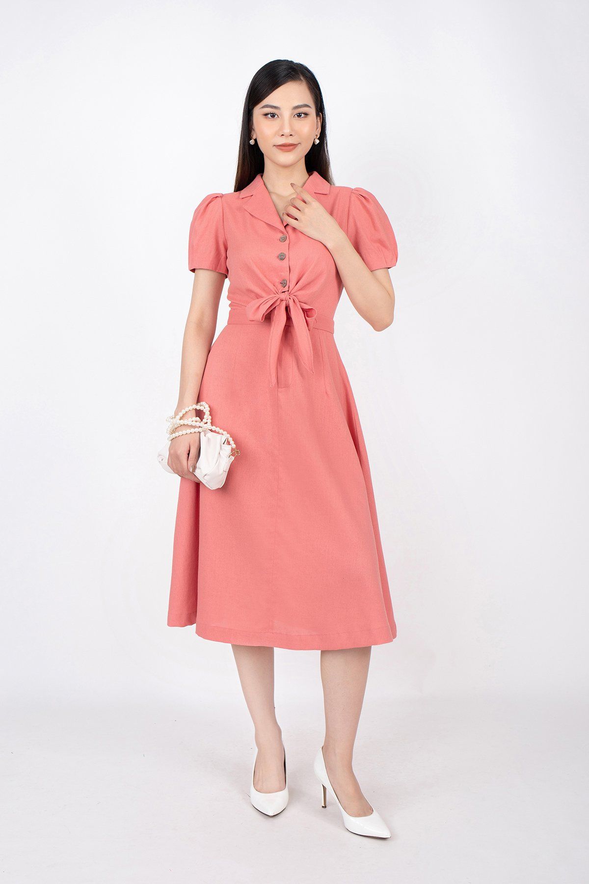 FDC33433 - Đầm công sở vải linen dáng xòe thân sơ mi buộc nơ cổ hai ve tay bồng - PANTIO