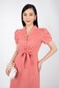 FDC33433 - Đầm công sở vải linen dáng xòe thân sơ mi buộc nơ cổ hai ve tay bồng - PANTIO