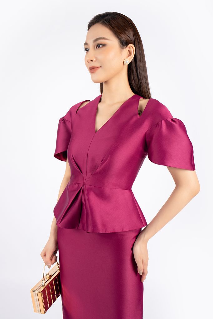 FDC33444 - Đầm dự tiệc vải tafta dáng ôm thân trên peplum xếp nếp cổ V cut- PANTIO