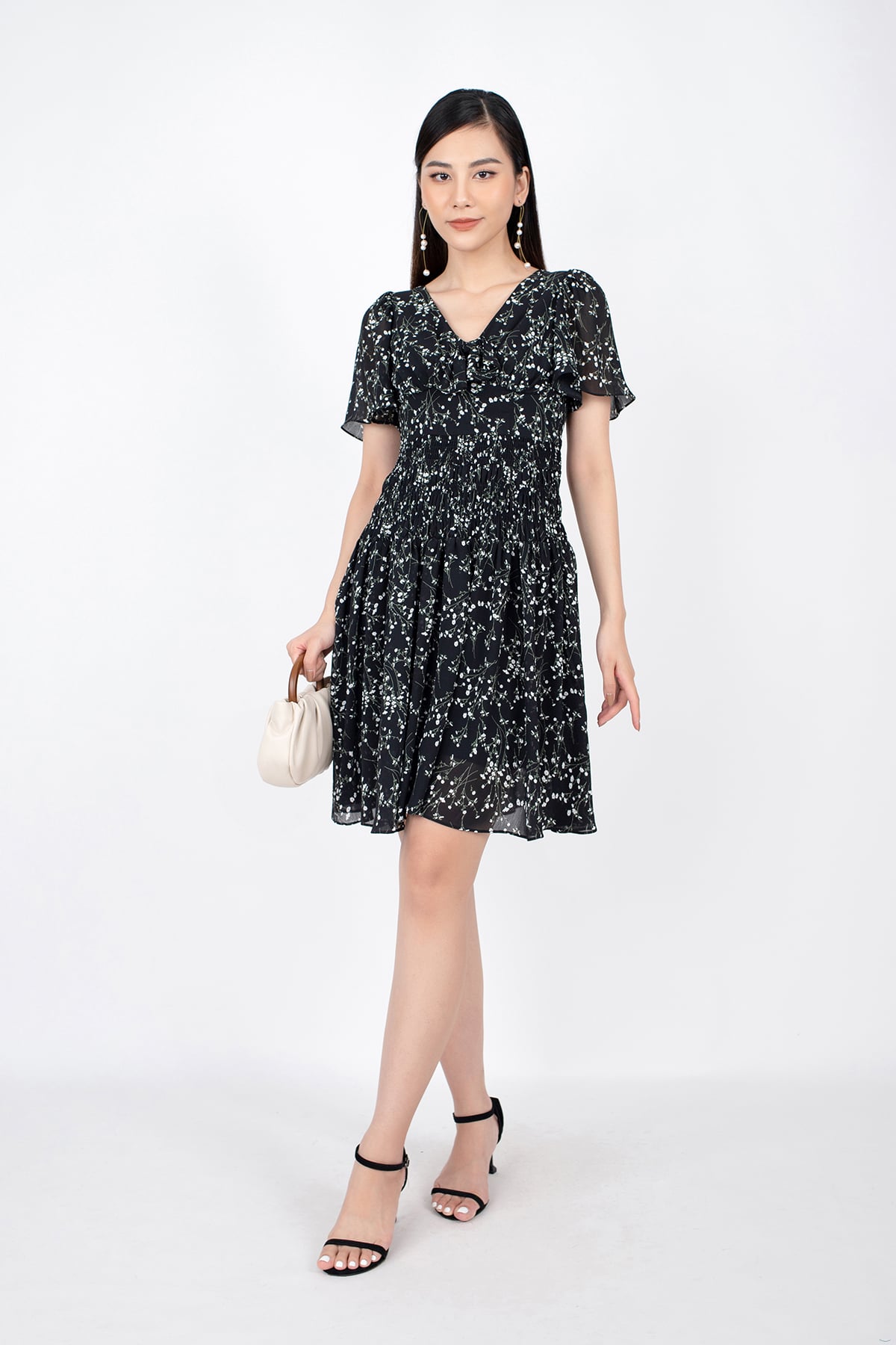 FDC33463 - Đầm công sở vải voan dáng Xoè cổ V cut- PANTIO