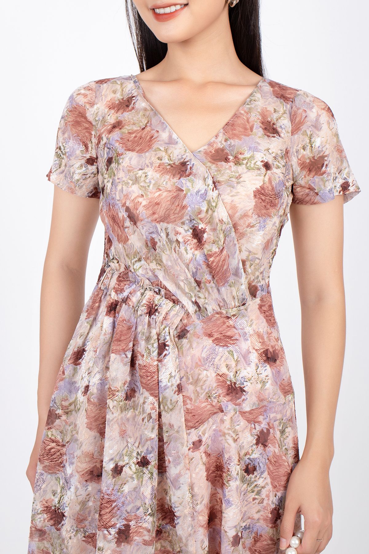 FDC33481 - Đầm công sở vải voan dáng Xoè cổ V chồng vạt xếp nhún - PANTIO