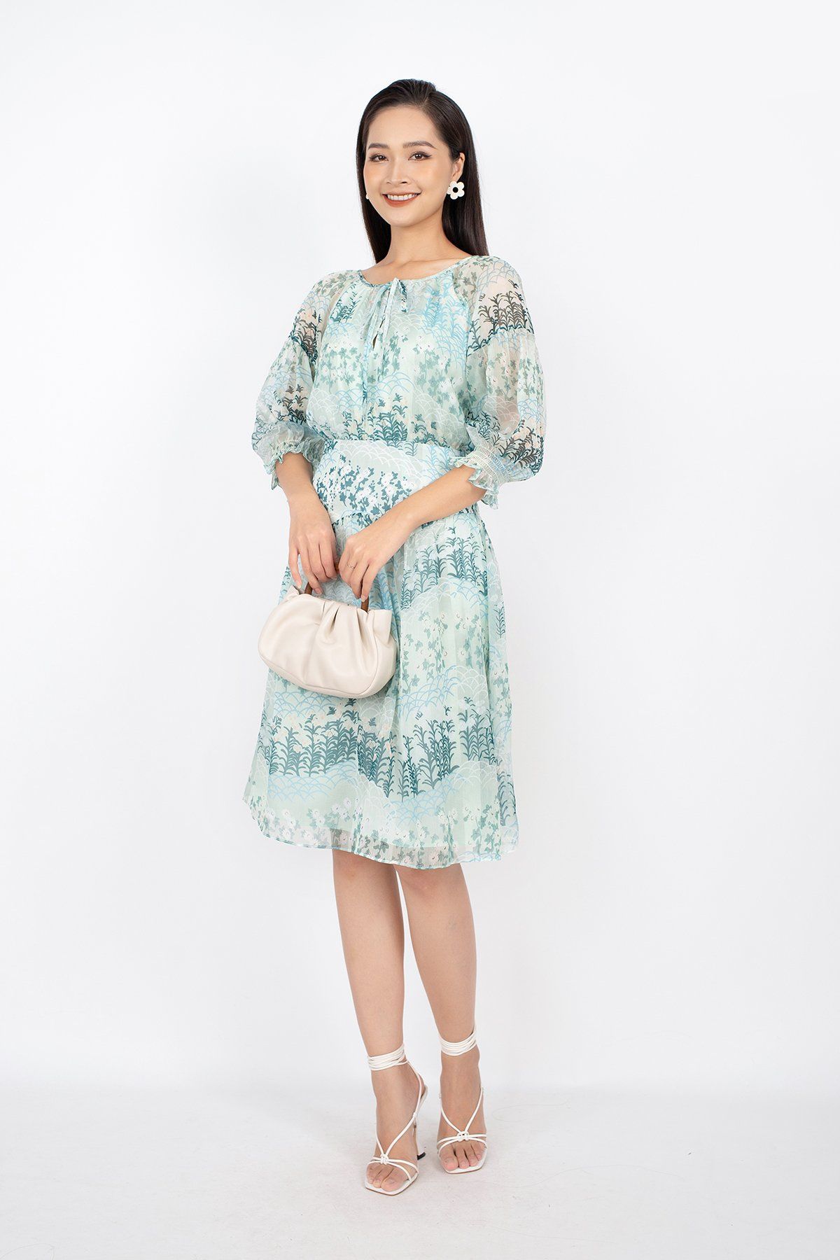 FDC33489 - Đầm công sở vải voan dáng Xoè cổ thuyền xẻ buộc nơ tay lỡ bo chun - PANTIO