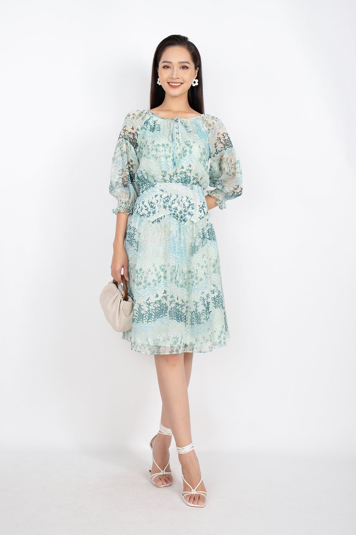 FDC33489 - Đầm công sở vải voan dáng Xoè cổ thuyền xẻ buộc nơ tay lỡ bo chun - PANTIO