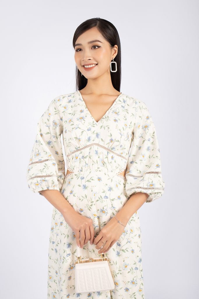 FDC33631 - Đầm dạo phố vải linen dáng xòe cổ V phối ren trang trí eo cut- PANTIO