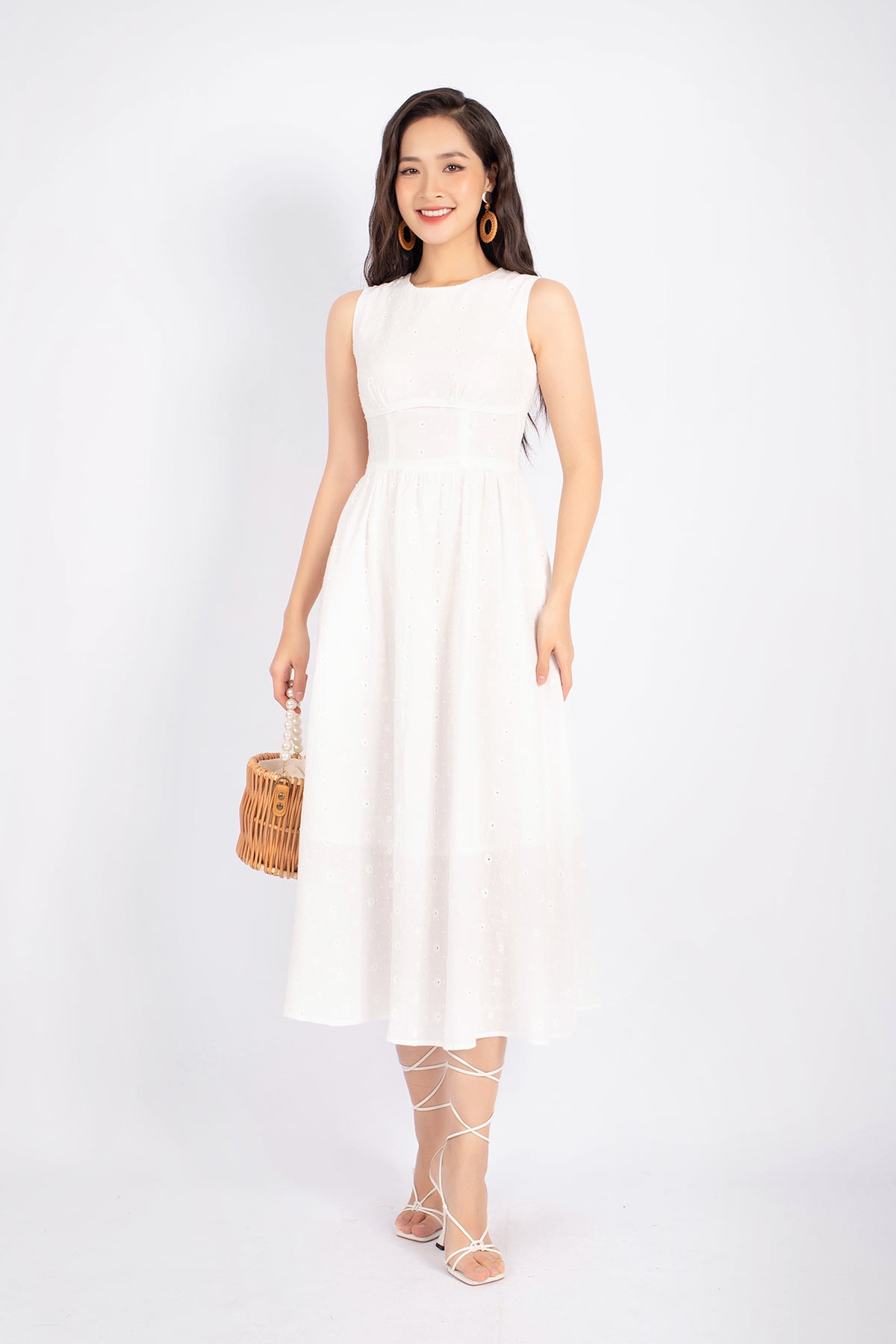 FDC33673 - Đầm công sở vải thô dáng Xoè cổ tròn eo nối chân váy xếp nhún khóa thân sau - PANTIO