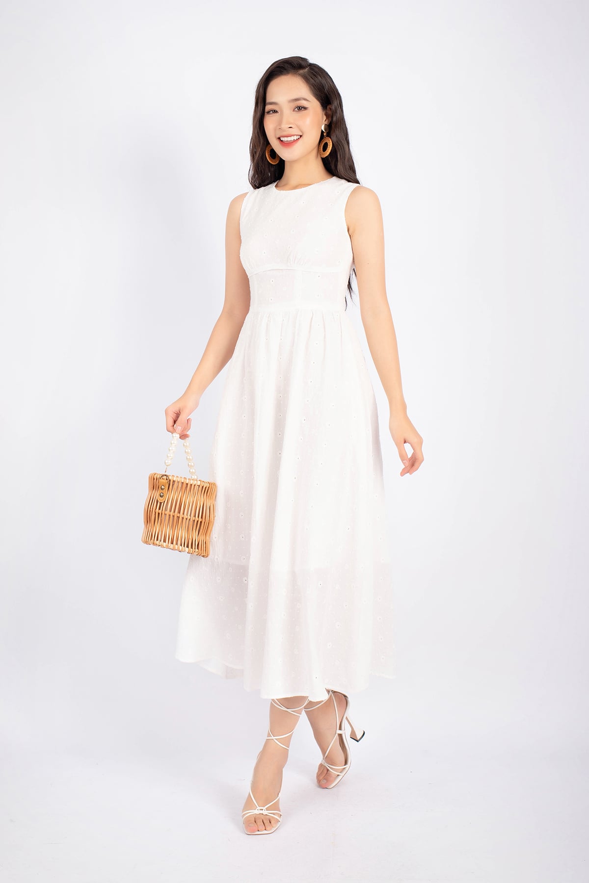 FDC33673 - Đầm công sở vải thô dáng Xoè cổ tròn eo nối chân váy xếp nhún khóa thân sau - PANTIO