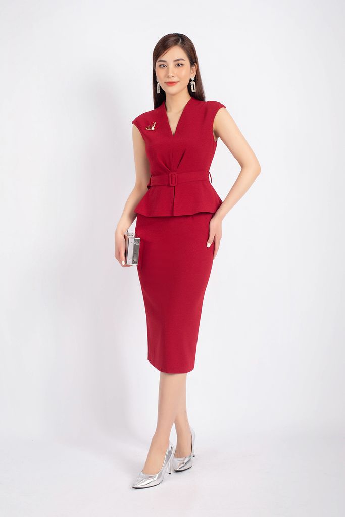 FDC33701 - Đầm công sở vải phi cát dáng ôm thân peplum kèm cài áo khóa thân sau - PANTIO