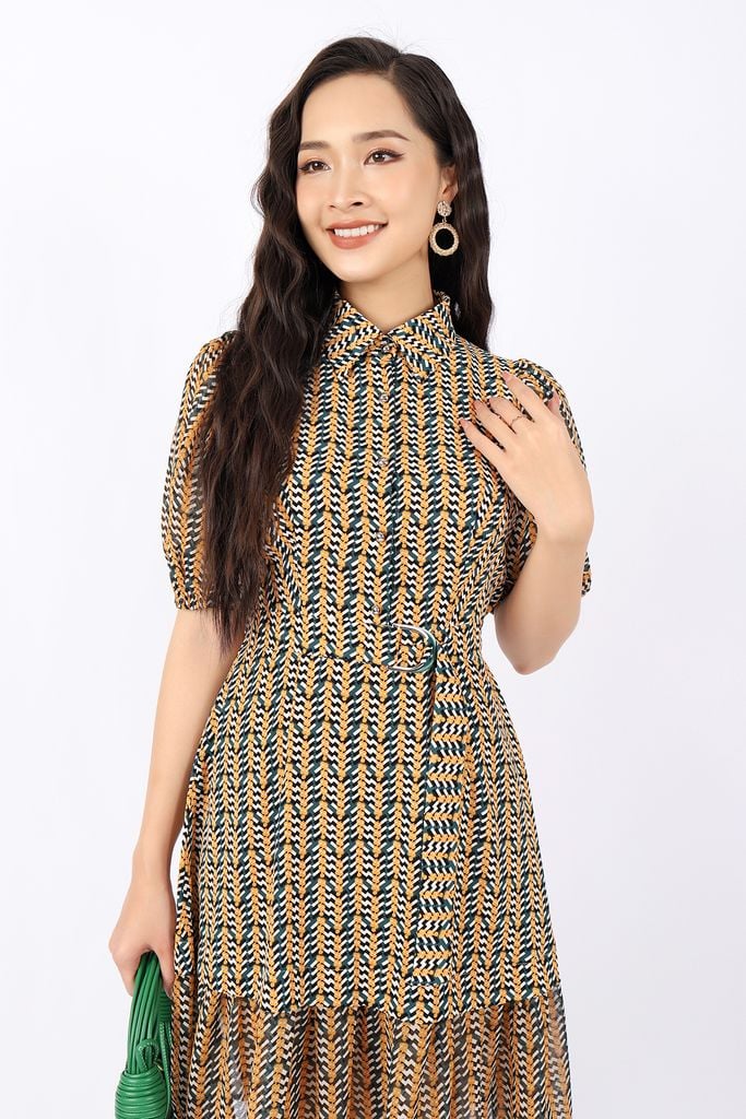 FDC33706 - Đầm công sở vải lụa dáng Xoè cổ đức cài cúc tay bom thân phối đai tạo kiểu - PANTIO