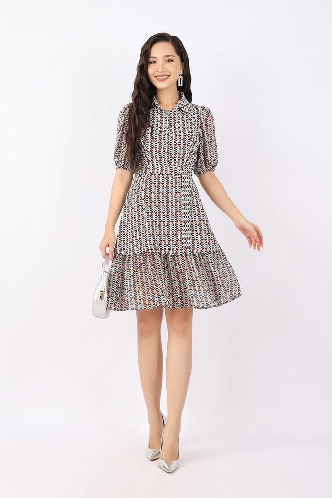 FDC33706 - Đầm công sở vải lụa dáng Xoè cổ đức cài cúc tay bom thân phối đai tạo kiểu - PANTIO