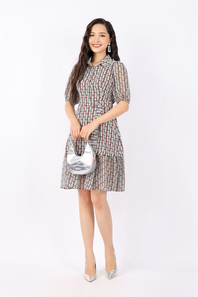 FDC33706 - Đầm công sở vải lụa dáng Xoè cổ đức cài cúc tay bom thân phối đai tạo kiểu - PANTIO