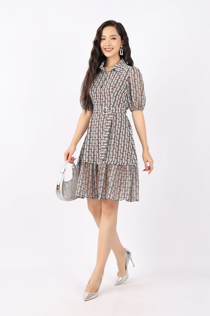 FDC33706 - Đầm công sở vải lụa dáng Xoè cổ đức cài cúc tay bom thân phối đai tạo kiểu - PANTIO