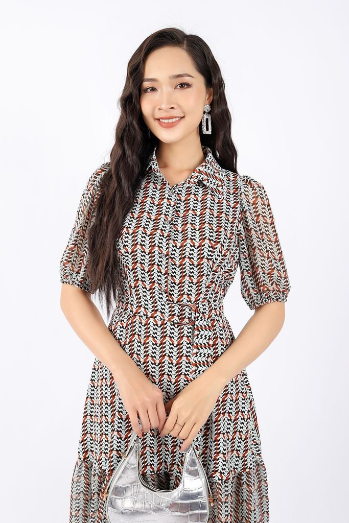 FDC33706 - Đầm công sở vải lụa dáng Xoè cổ đức cài cúc tay bom thân phối đai tạo kiểu - PANTIO