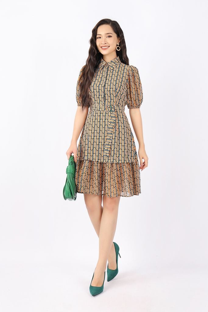 FDC33706 - Đầm công sở vải lụa dáng Xoè cổ đức cài cúc tay bom thân phối đai tạo kiểu - PANTIO