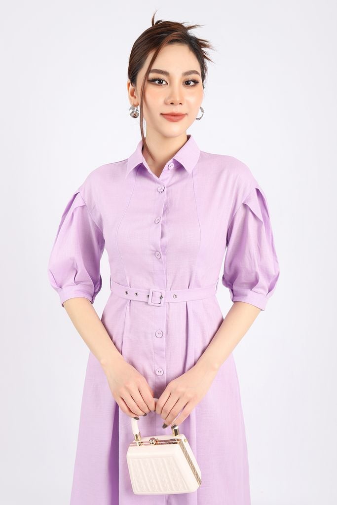 FDC33716 - Đầm công sở vải linen dáng A xòe cổ đức cài cúc vai chờm tay phối ly bồng kèm đai tạo kiểu - PANTIO