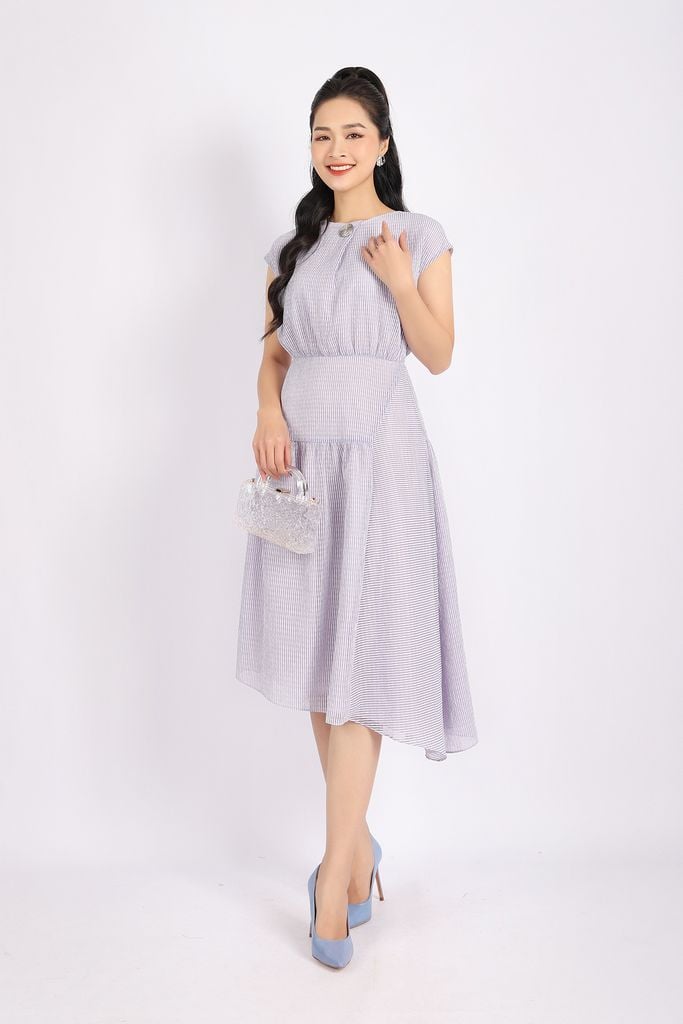 FDC33735 - Đầm công sở vải tơ dáng Xoè cổ tròn phối khuy tay liền vai chờm eo nối tạo kiểu - PANTIO