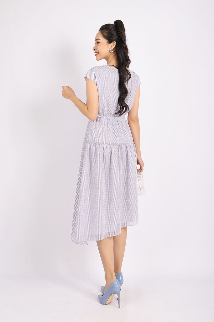 FDC33735 - Đầm công sở vải tơ dáng Xoè cổ tròn phối khuy tay liền vai chờm eo nối tạo kiểu - PANTIO