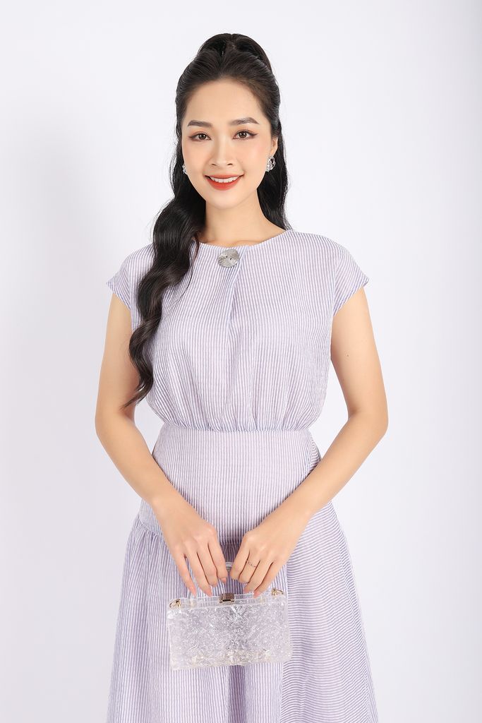 FDC33735 - Đầm công sở vải tơ dáng Xoè cổ tròn phối khuy tay liền vai chờm eo nối tạo kiểu - PANTIO