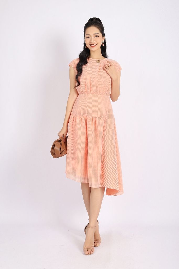 FDC33735 - Đầm công sở vải tơ dáng Xoè cổ tròn phối khuy tay liền vai chờm eo nối tạo kiểu - PANTIO