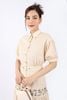 FDC33738 - Đầm công sở vải linen dáng Xoè chân xếp nhún tầng phối họa tiết thêu cổ đức vai chờm cài cúc kèm đai tạo kiểu - PANTIO